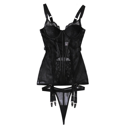 Elegant Floral Lace Lingerie Set with Garter Straps - S-L Sizes