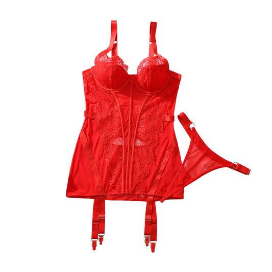 Elegant Floral Lace Lingerie Set with Garter Straps - S-L Sizes